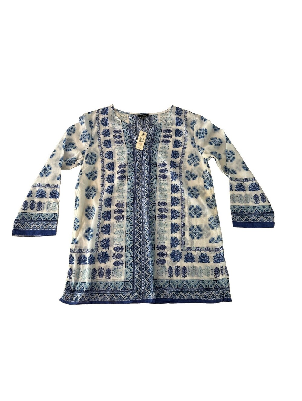 Talbots Swim Cover up Womens XS Blue White Beach Coastal Cotton Boho Pineapple